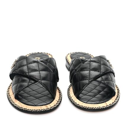 Chanel Lambskin Quilted Chain CC Sandals 38 Black 3 of 10