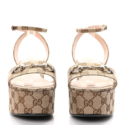 Gucci Monogram Nappa Chalotte Horsebit Ankle Strap 75mm Flatform Sandals 39 Beige Ebony 2 of 8