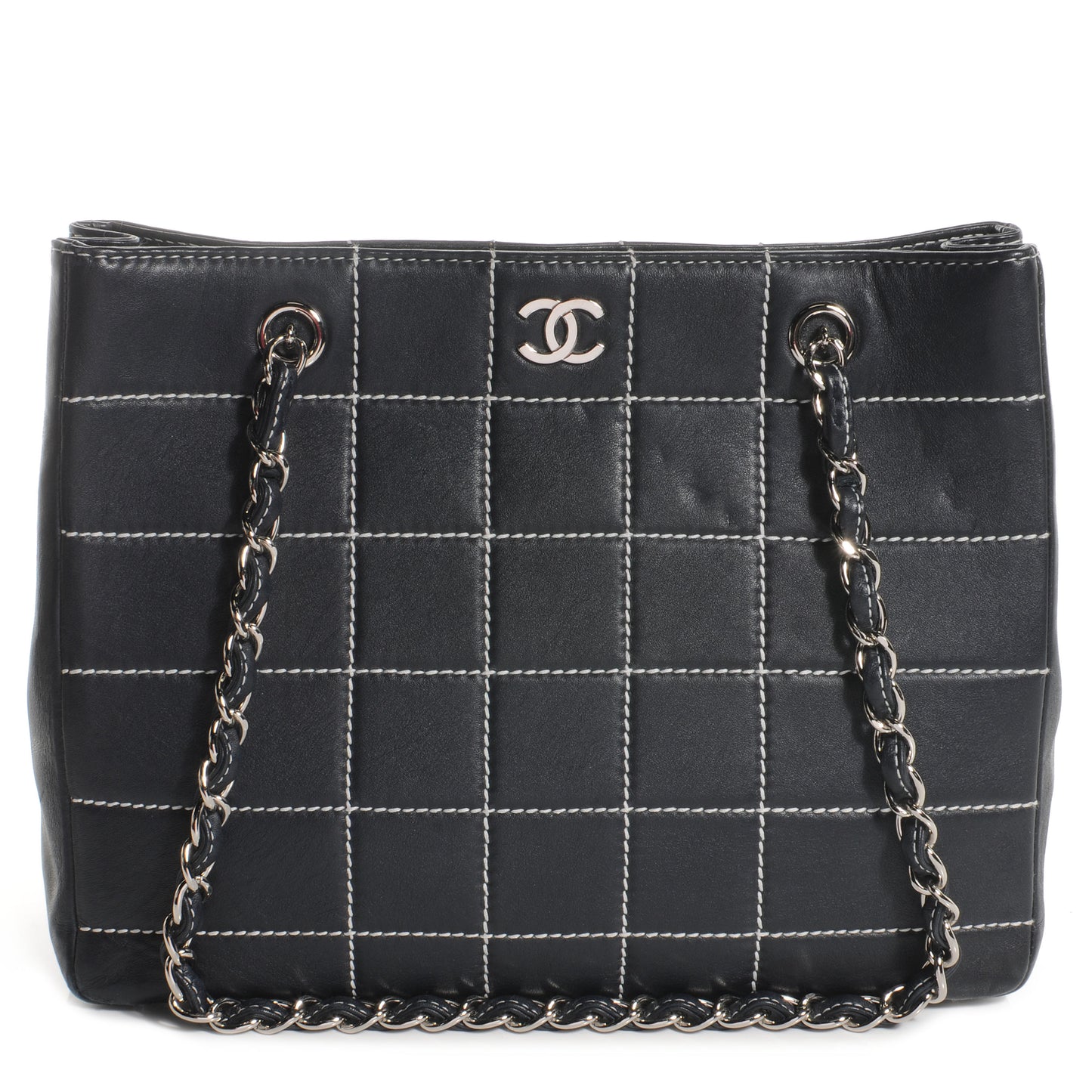 Leather Contrast Stitch Surpique Shoulder Bag Navy