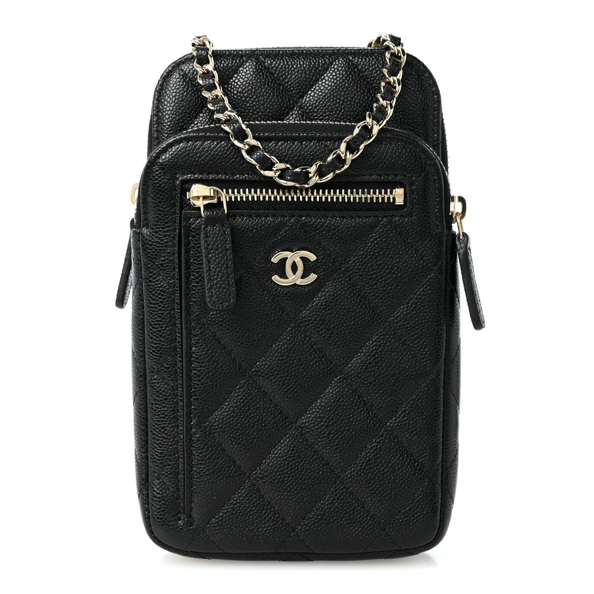 Caviar Quilted Phone Holder With Chain Black