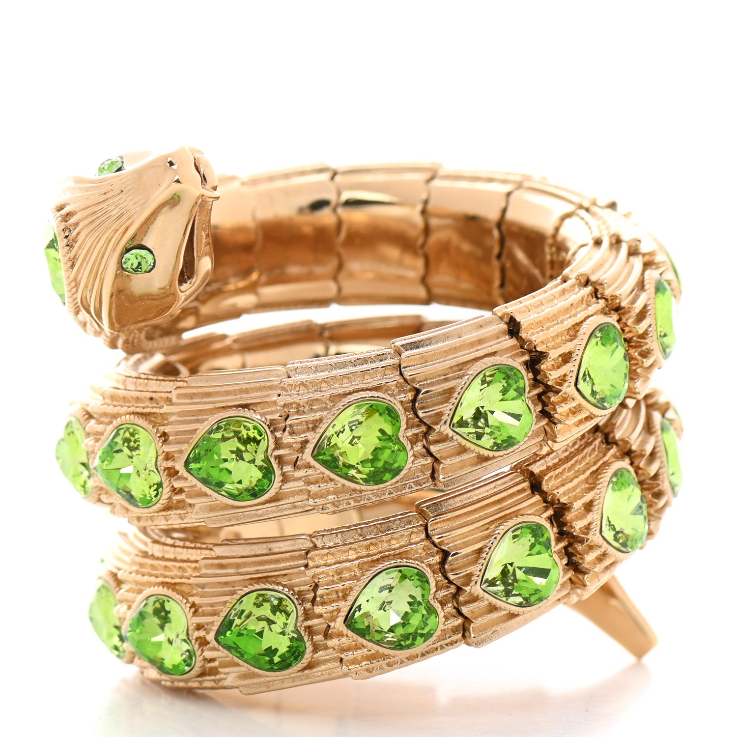 Gucci Crystal Heart Triple Wrap Snake Bracelet M Green Gold 4 of 6