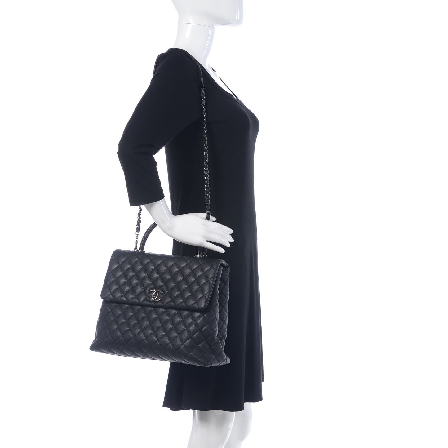 Caviar Lizard Quilted Large Coco Handle Flap Black