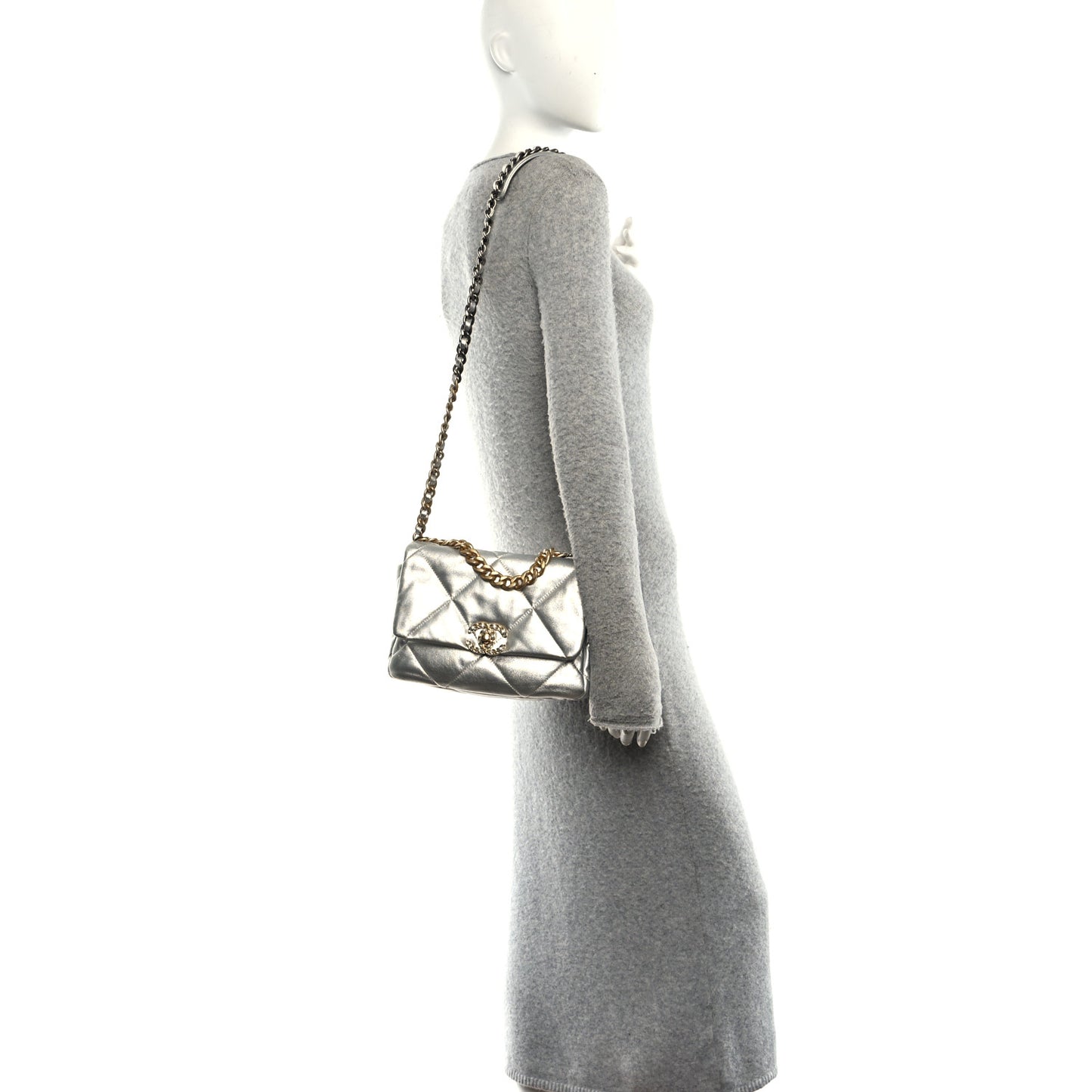 Metallic Lambskin Quilted Medium Chanel 19 Flap Silver