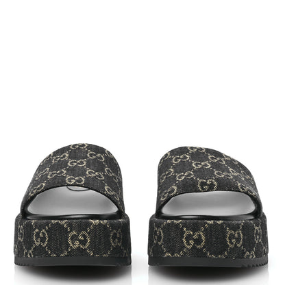 Gucci Jacquard Black Denim GG Monogram Angelina Platform 55mm Slide Sandals 40 Black Ivory 2 of 9