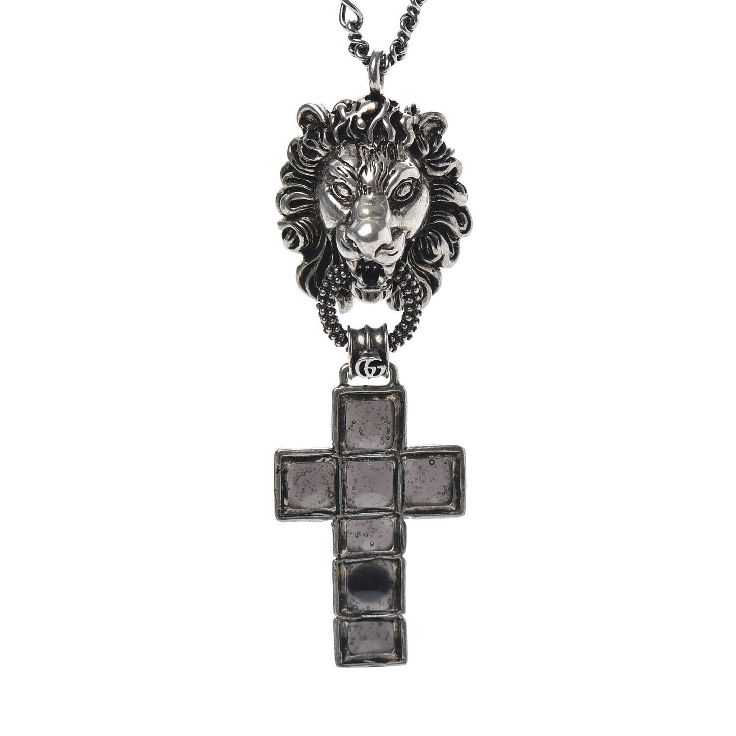 Enamel Brass Lion Head Crucifix Necklace Black