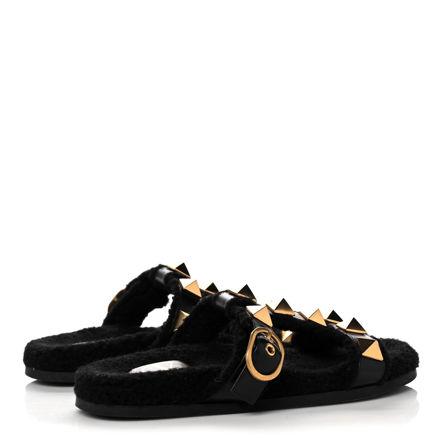 Shearling Roman Stud Slide Sandals 39 Black