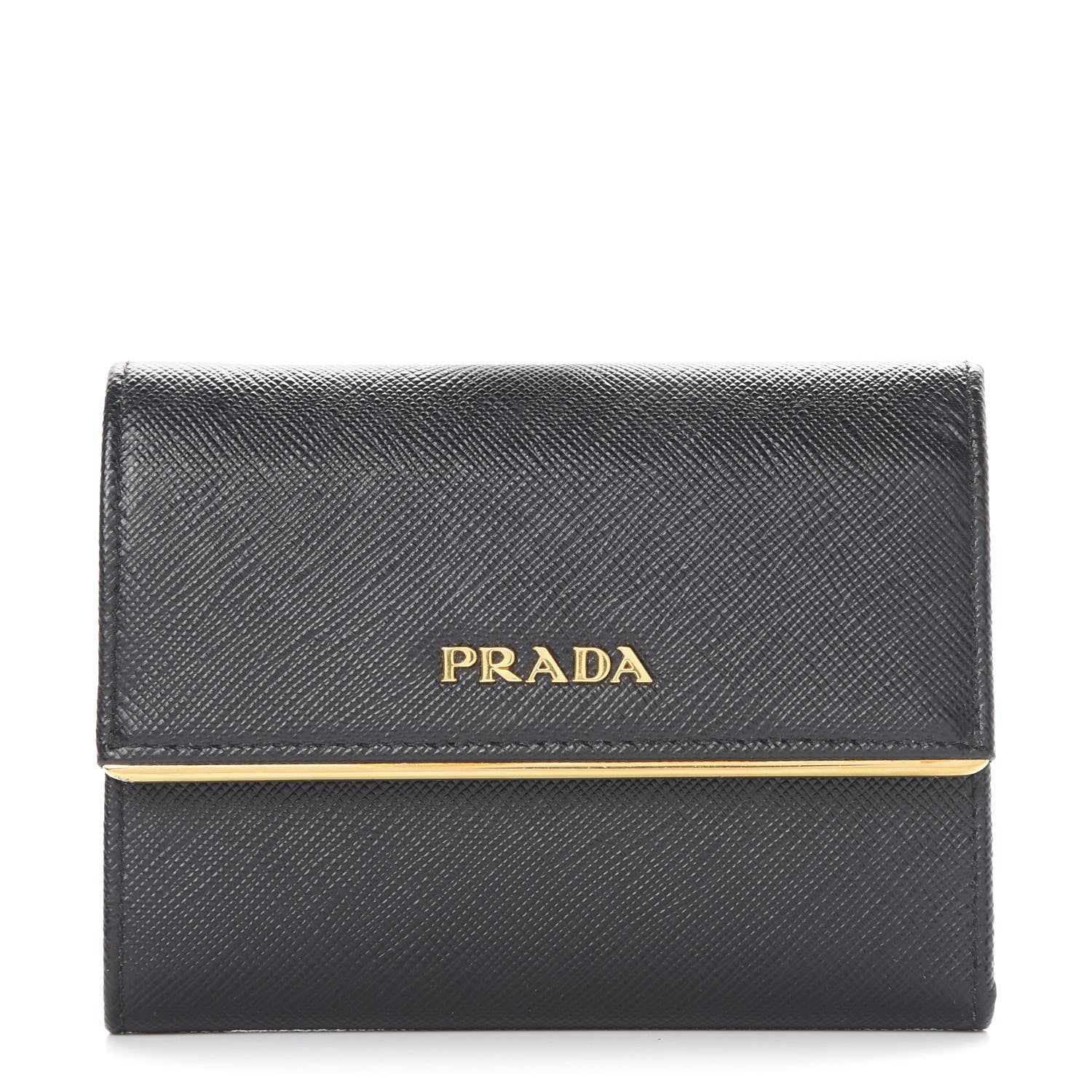 Prada Saffiano Compact Metal Bar Flap Wallet Black 1 of 7