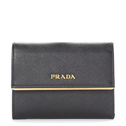 Prada Saffiano Compact Metal Bar Flap Wallet Black 1 of 7