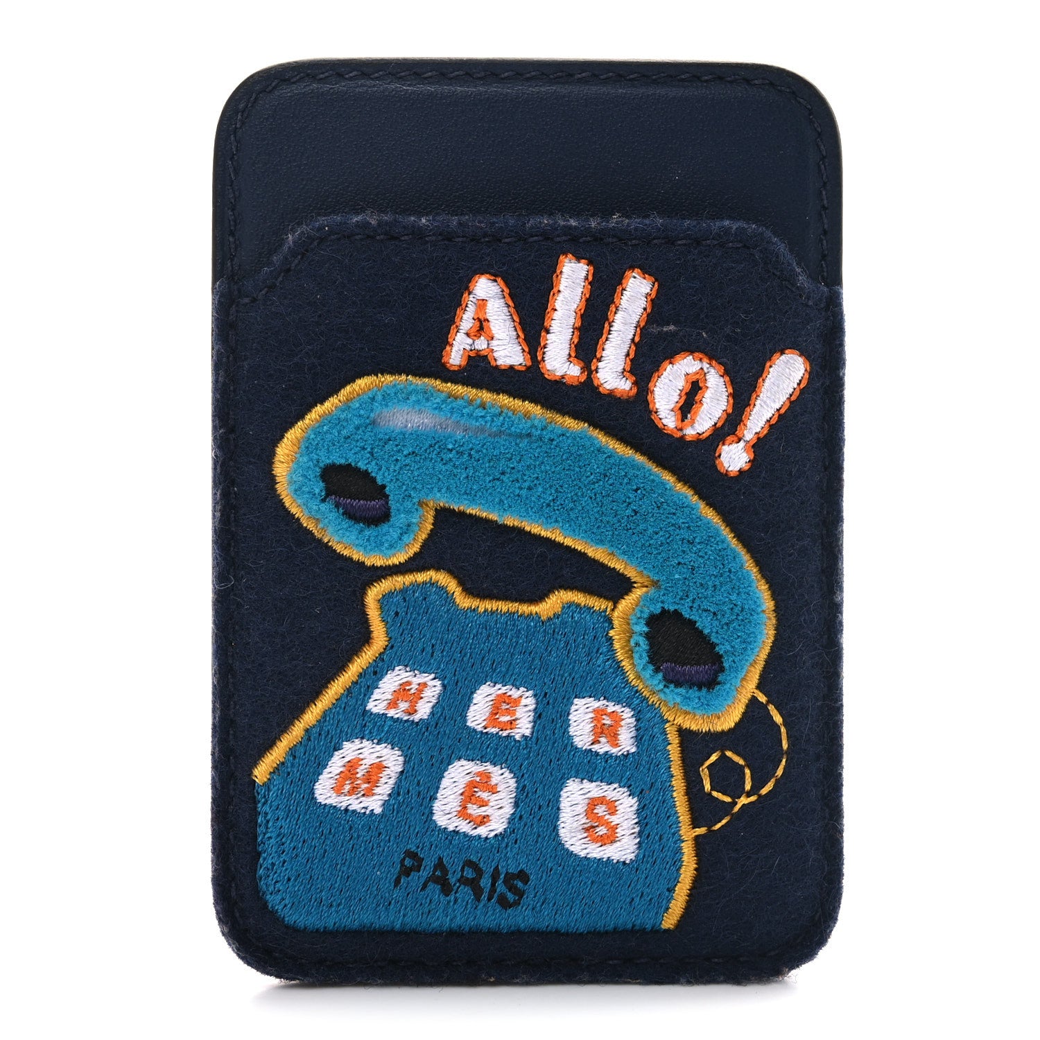 Hermes Feutre Swift Embroidered Allo! MagSafe Card Holder Bleu Navy Multicolore 1 of 5