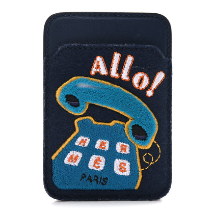 Hermes Feutre Swift Embroidered Allo! MagSafe Card Holder Bleu Navy Multicolore 1 of 5
