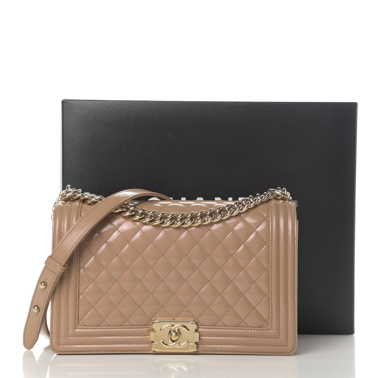 Patent Calfskin Quilted New Medium Boy Flap Beige