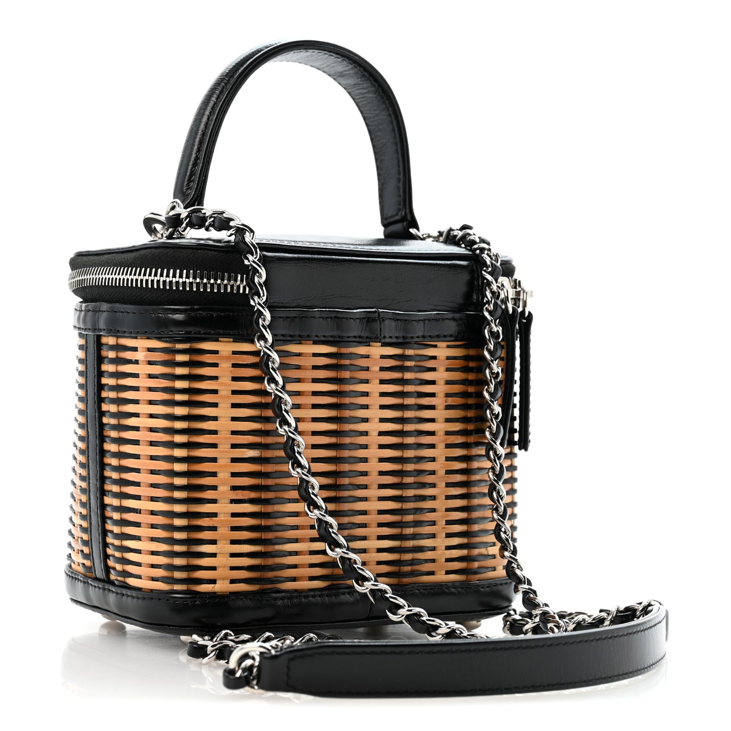 Calfskin Raffia Small Vanity Case Bag Black Beige