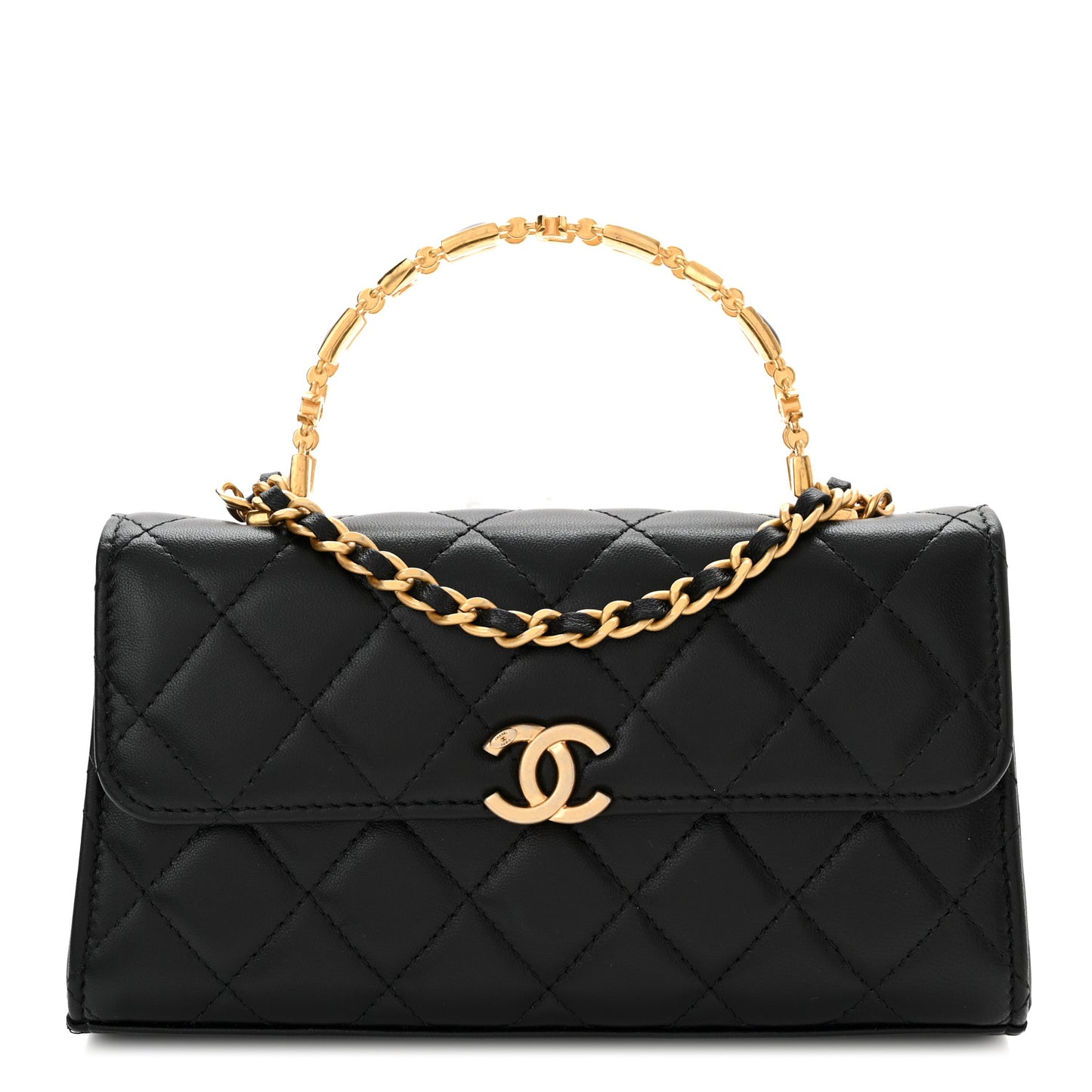 Lambskin Enamel Quilted Top Handle Flap Phone Holder With Chain Black