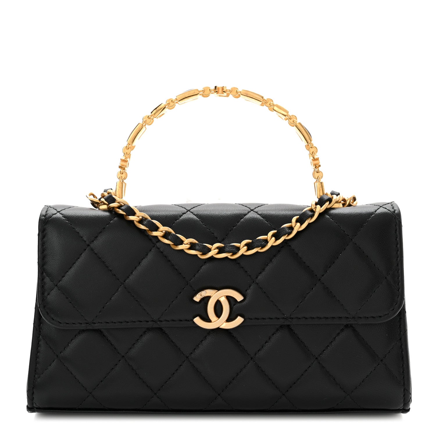 Chanel Lambskin Enamel Quilted Top Handle Flap Phone Holder With Chain Black 1 of 11