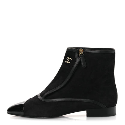 Chanel Suede Lambskin Patent Calfskin CC Cap Toe Ankle Boots 40 Black 1 of 12