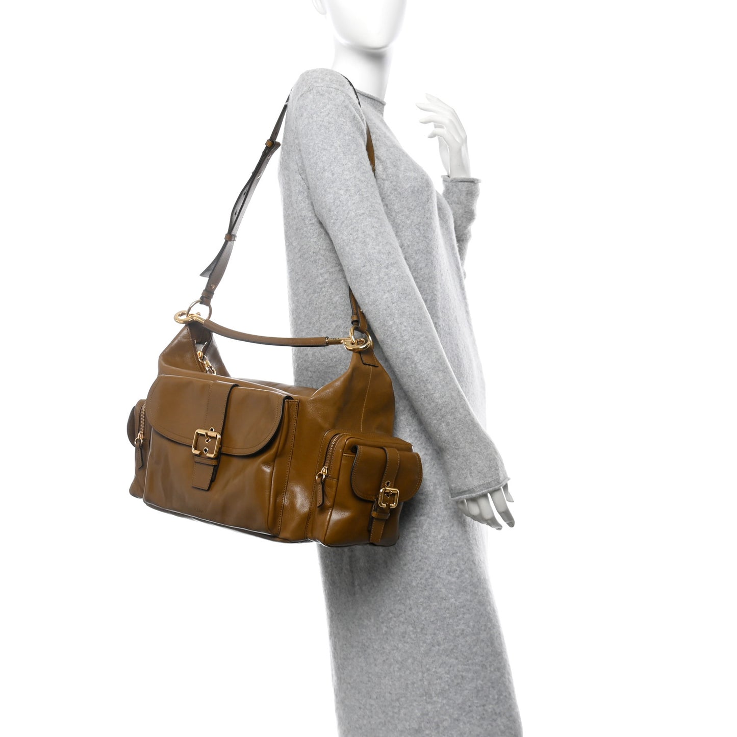 Shiny Calfskin Large Double Carrry Camera Bag Dark Khaki