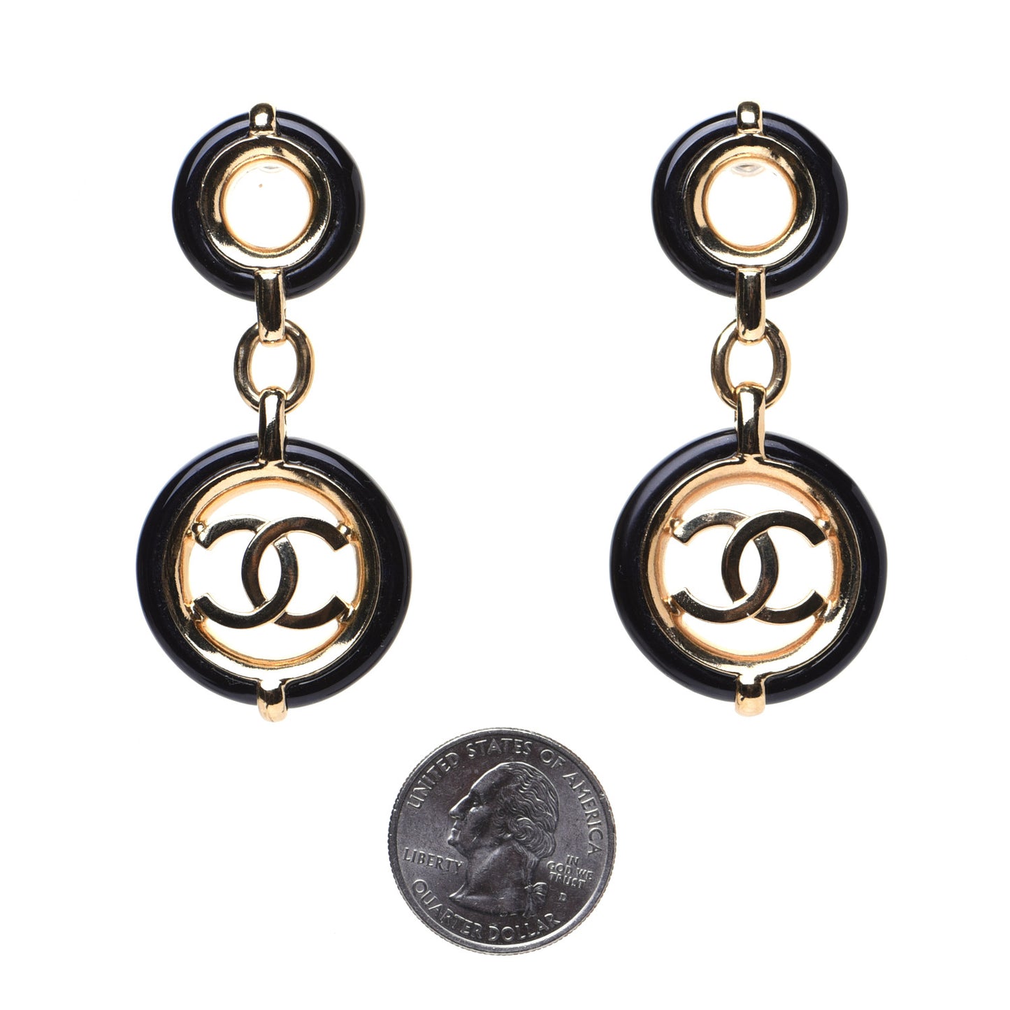 Metal Resin CC Round Drop Earrings Black Gold
