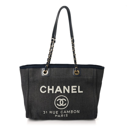 Chanel Lurex Canvas Small Deauville Tote Navy Blue Gold 1 of 11