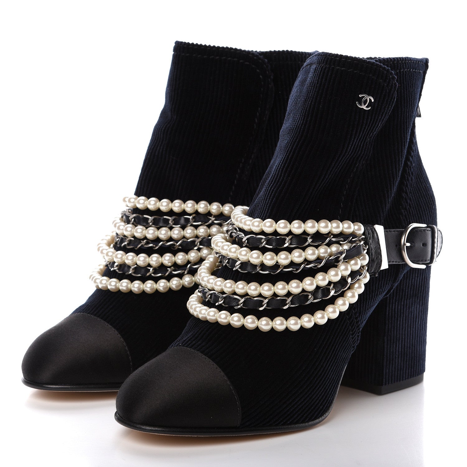 Chanel Velvet Satin Cap Cap Toe Short Boots 40 Navy Black 3 of 11