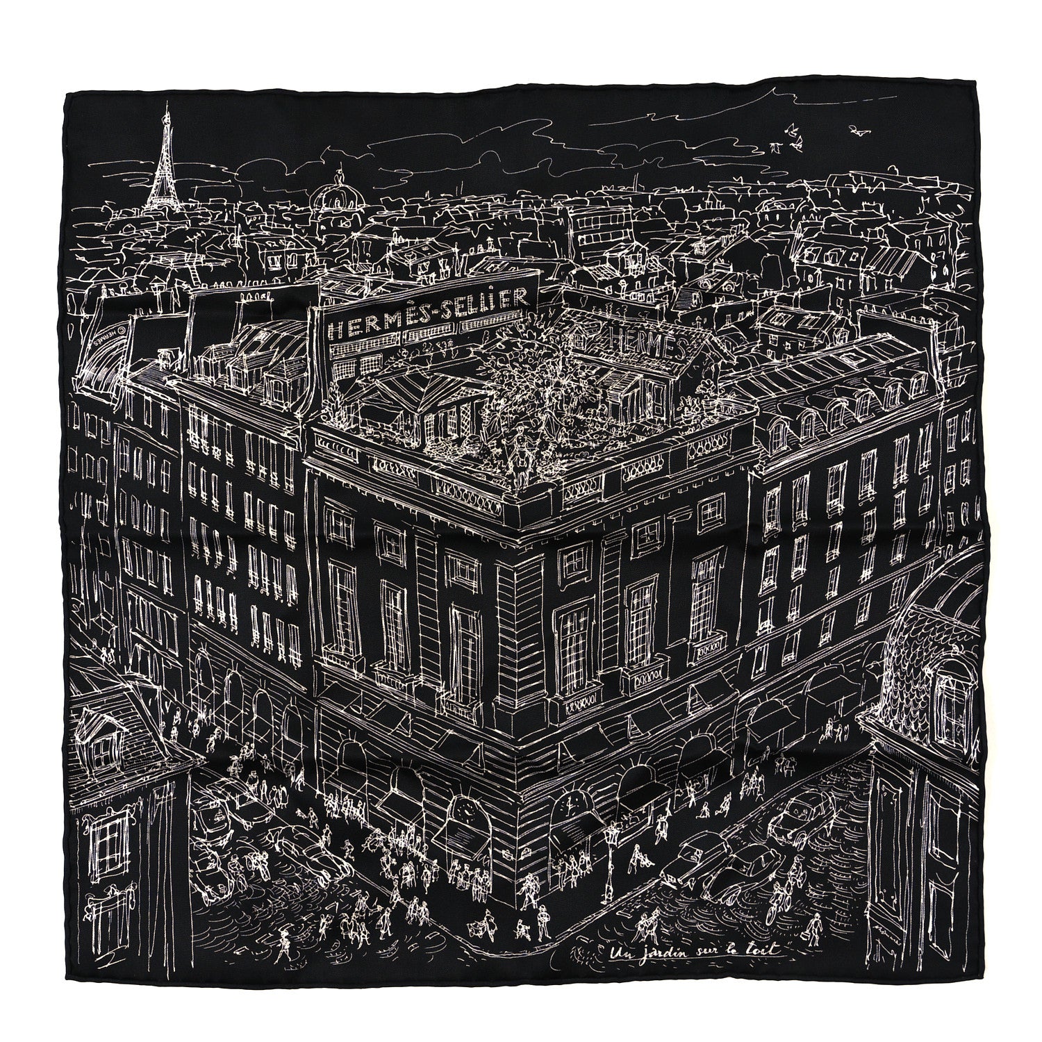 Hermes Silk Un Jardin Sur Le Toit Pocket Square Black White 1 of 4