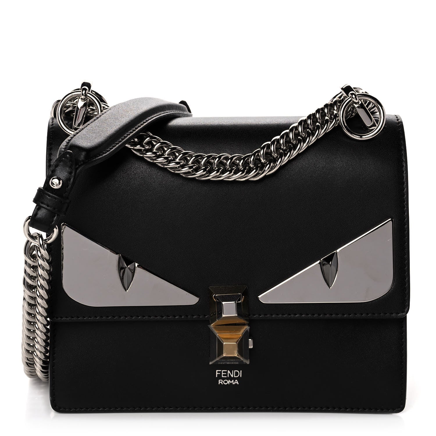 Fendi Vitello Liberty Lucido Metal Monster Eyes Studded Small Kan I Shoulder Bag Black 1 of 14