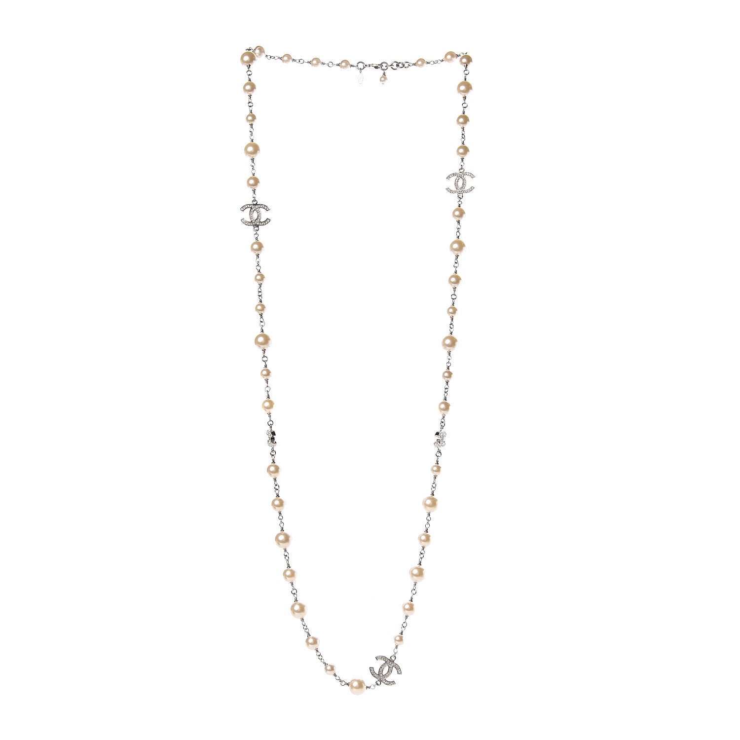 Chanel Graduated Pearl Crystal CC Long Necklace Silver 3 of 4