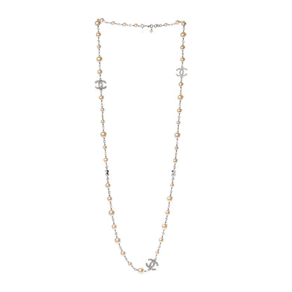 Chanel Graduated Pearl Crystal CC Long Necklace Silver 3 of 4
