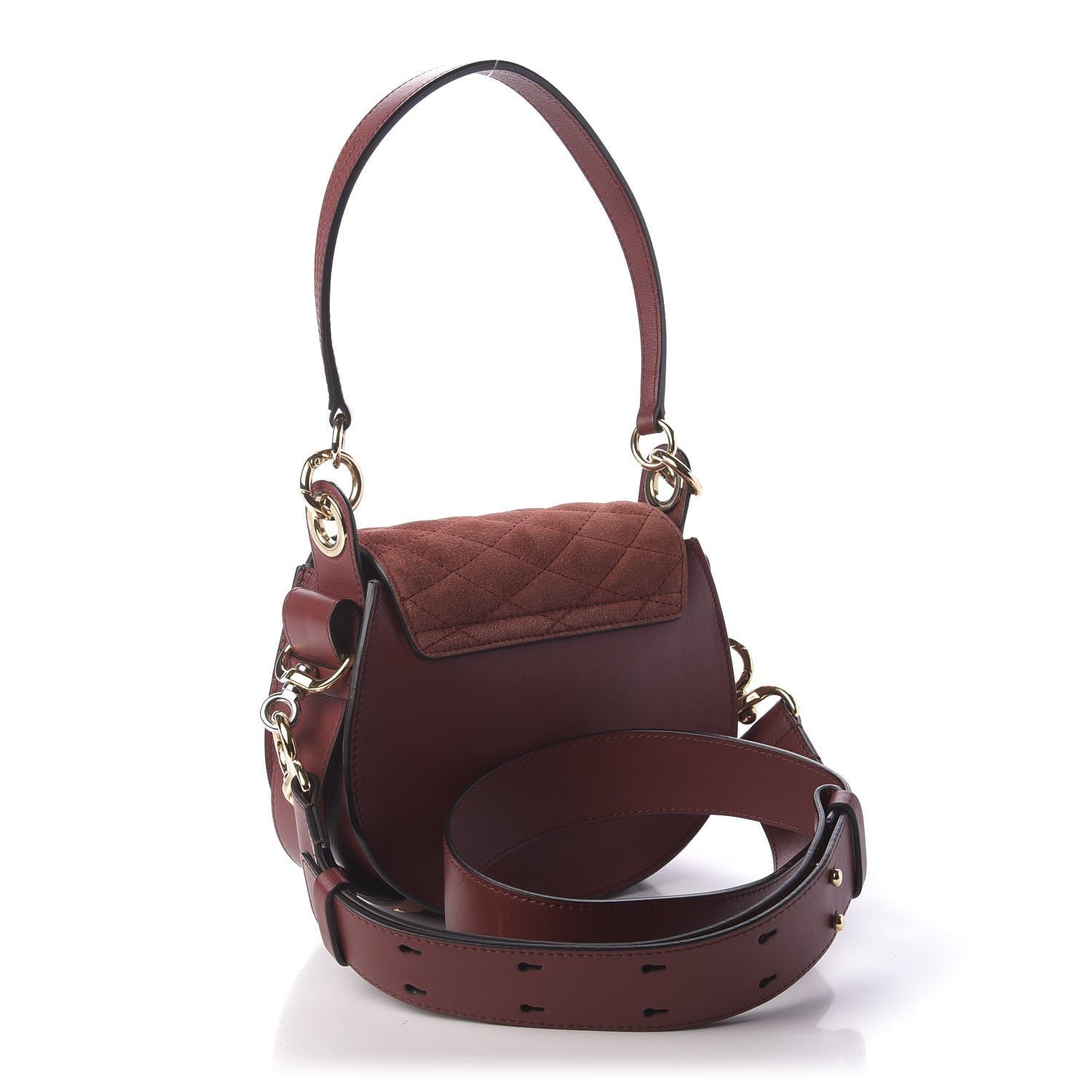 Chloe Suede Calfskin Quilted Embroidered Small Tess Saddle Bag Reddish Brown 3 of 9