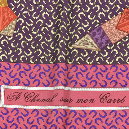 Hermes Silk A Cheval Sur Mon Carre Scarf 90 Aubergine Framboise Jaune 3 of 4