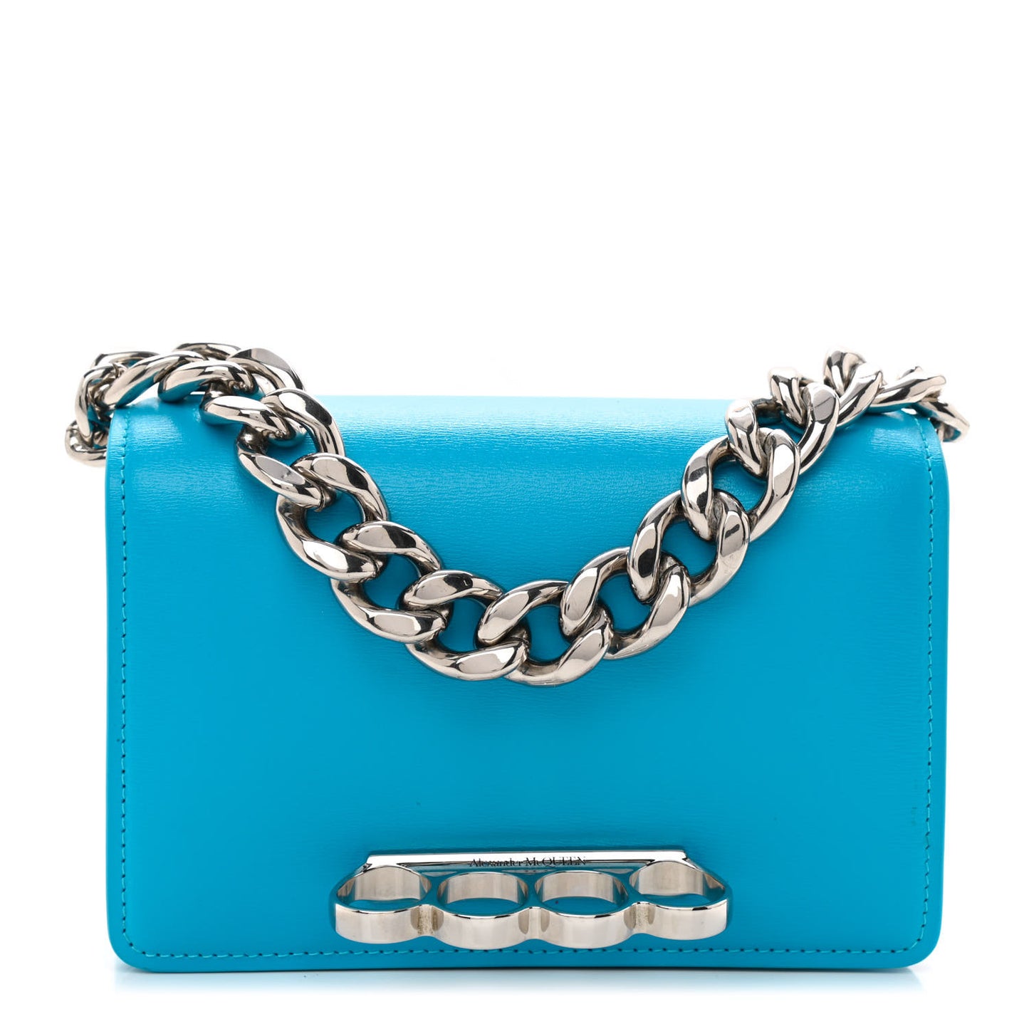 Smooth Calfskin Four Ring Knuckle Mini Chain Clutch Blue