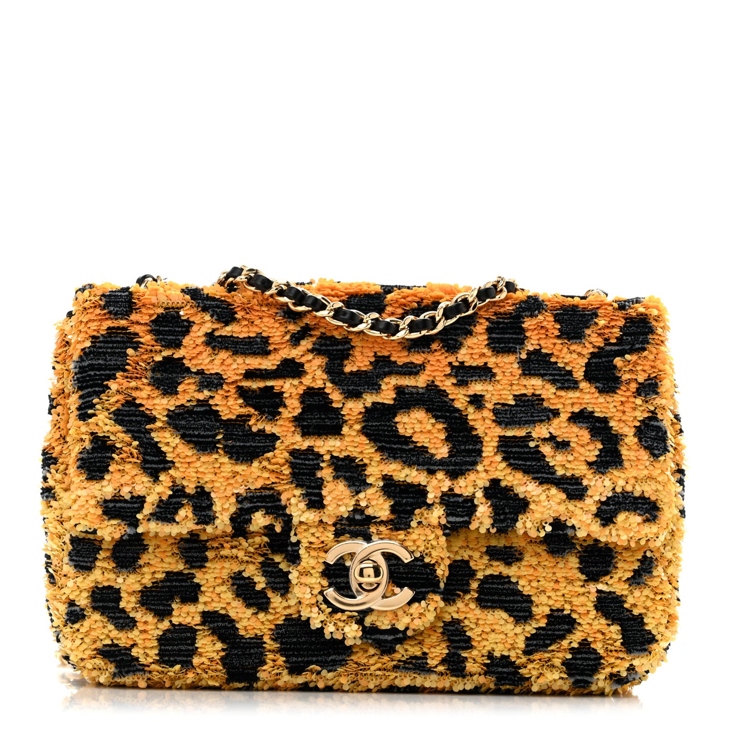 Sequin Mixed Fibers Leopard Print Mini Rectangular Flap Black Orange