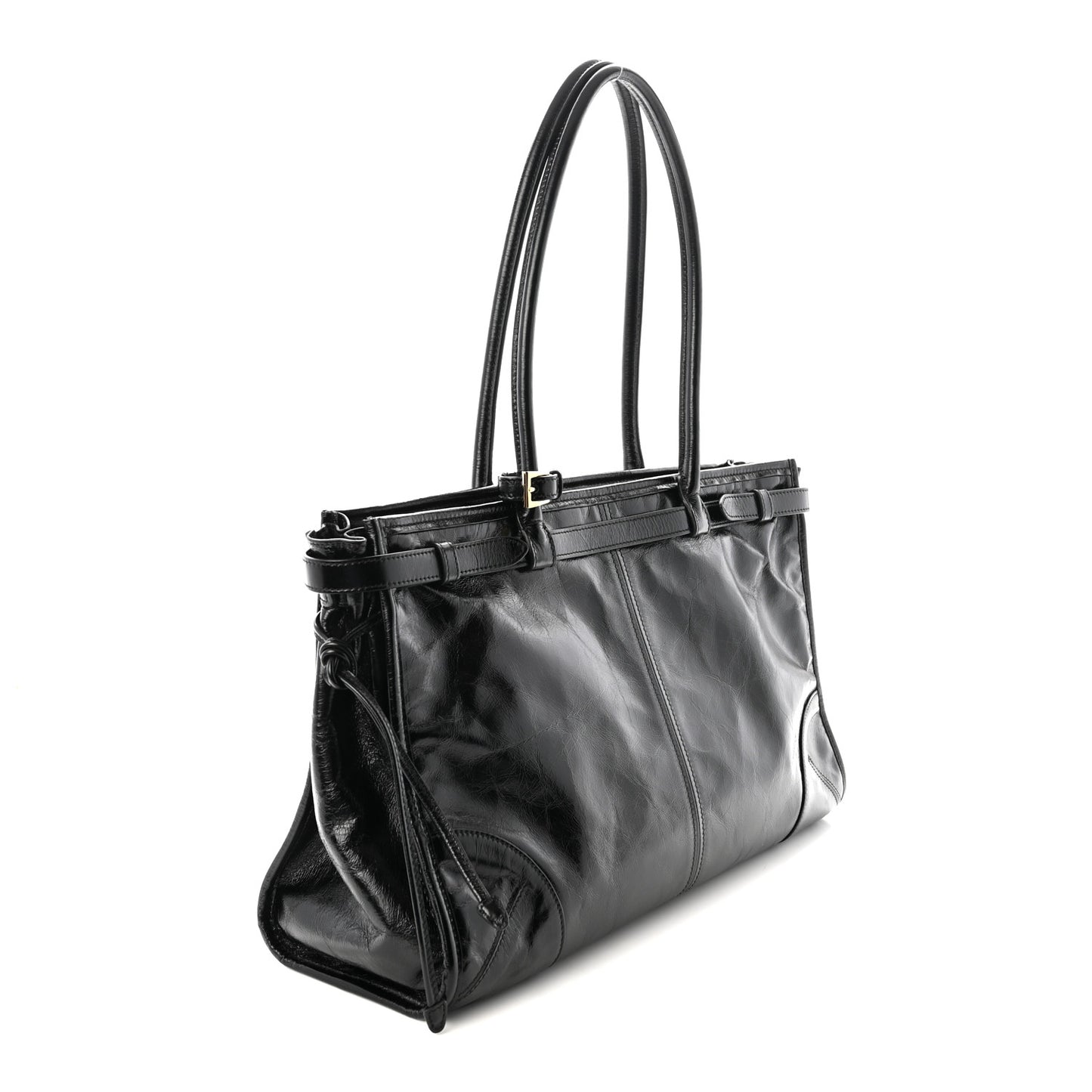 Glossy Calfskin Triangle Large Bonnie Shoulder Bag Black