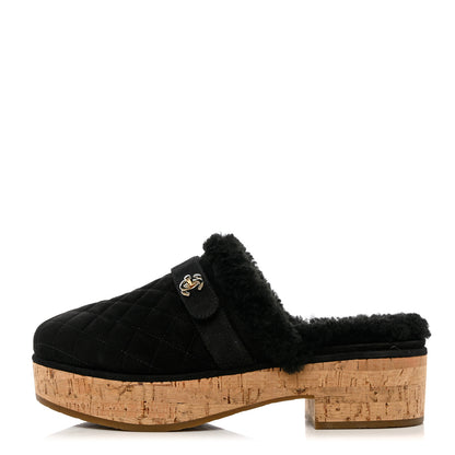 Chanel Suede Calfskin Shearling Turn Lock Clogs 40 Black 1 of 9