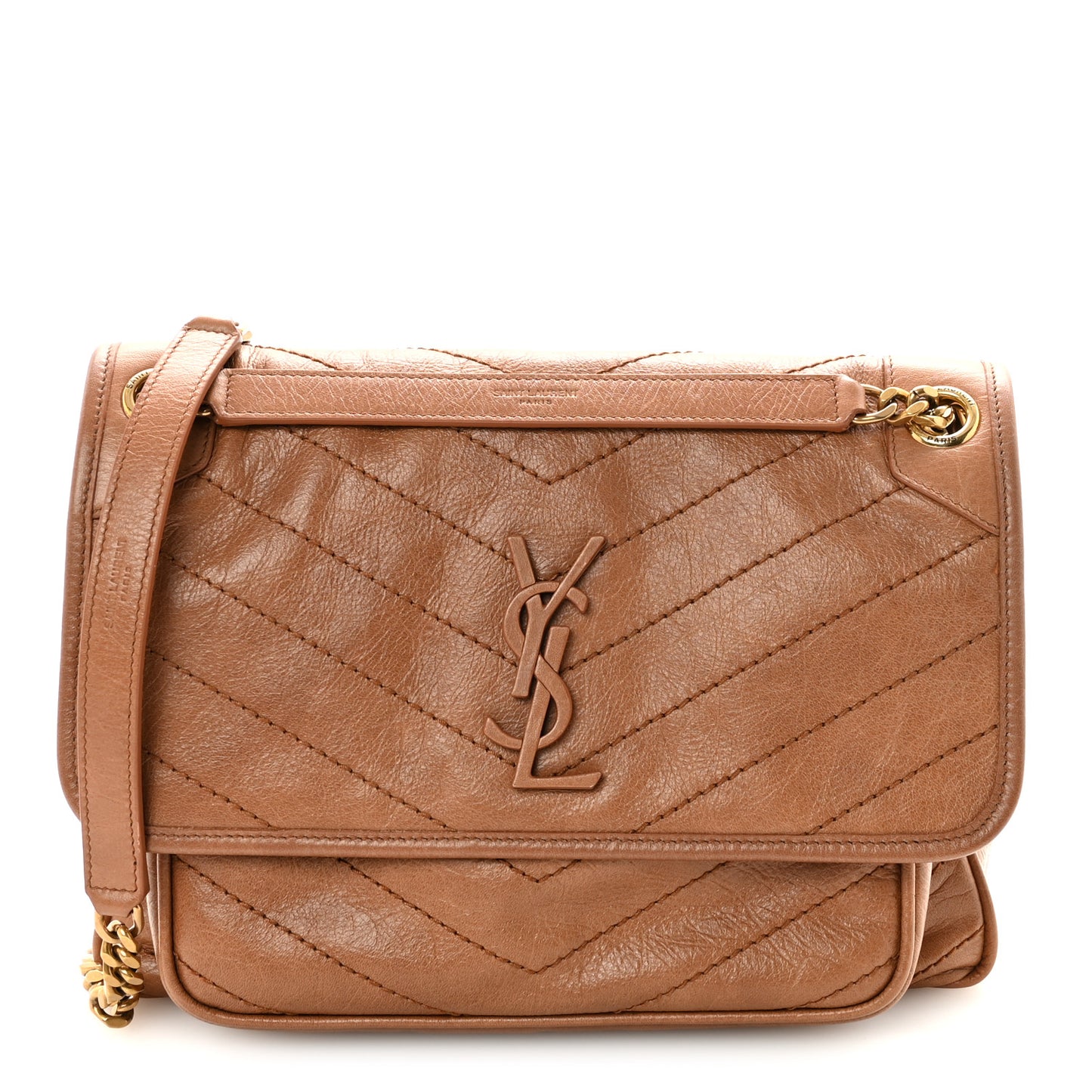 Crinkled Calfskin Matelasse Monogram Medium Niki Chain Satchel Caramel