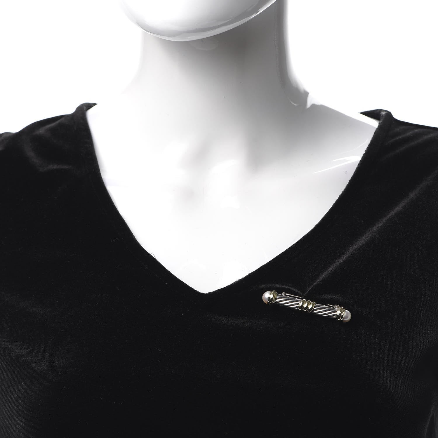David Yurman Sterling Silver 14K Yellow Gold Pearl Cable Bar Brooch Pin 2 of 4