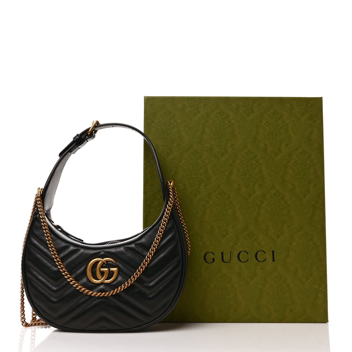 Calfskin Matelasse Chevron Mini GG Marmont Half Moon Hobo Black