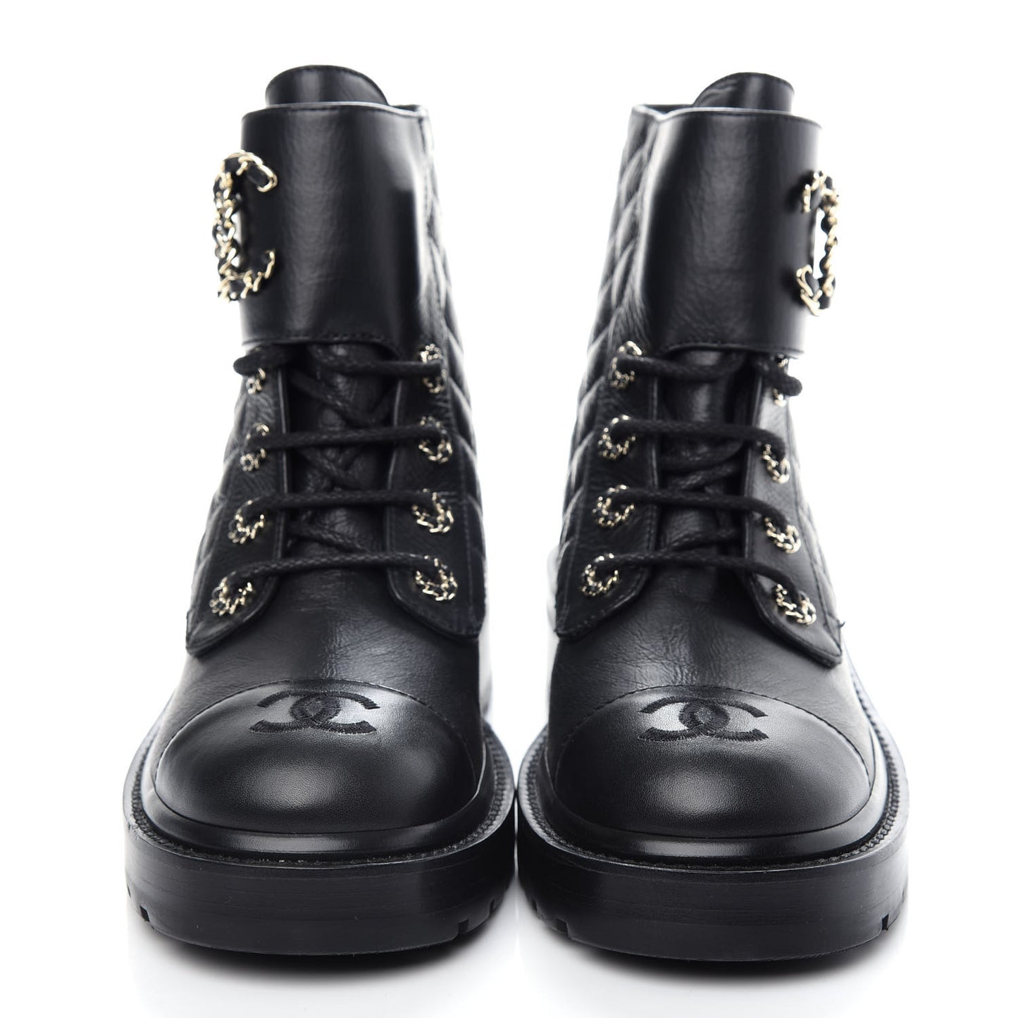 Shiny Goatskin Calfskin Quilted Lace Up Combat Boots 37.5 Black