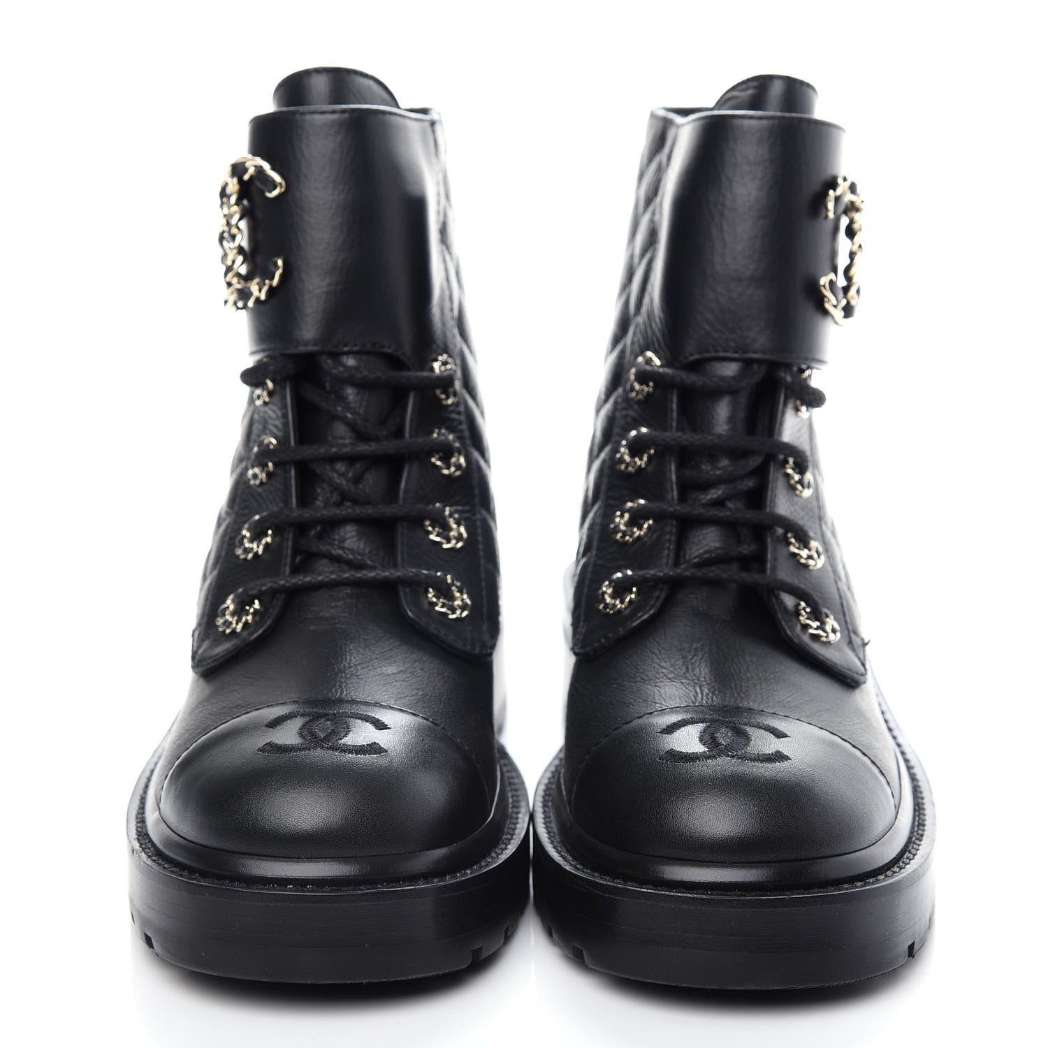 Chanel Shiny Goatskin Calfskin Quilted Lace Up Combat Boots 37.5 Black 2 of 11