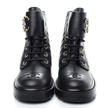 Chanel Shiny Goatskin Calfskin Quilted Lace Up Combat Boots 37.5 Black 2 of 11