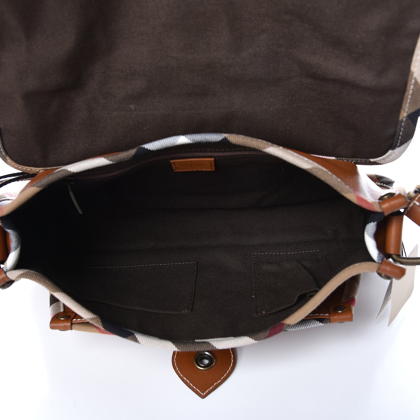 Calfskin House Check Trim Bates Shoulder Bag Cognac