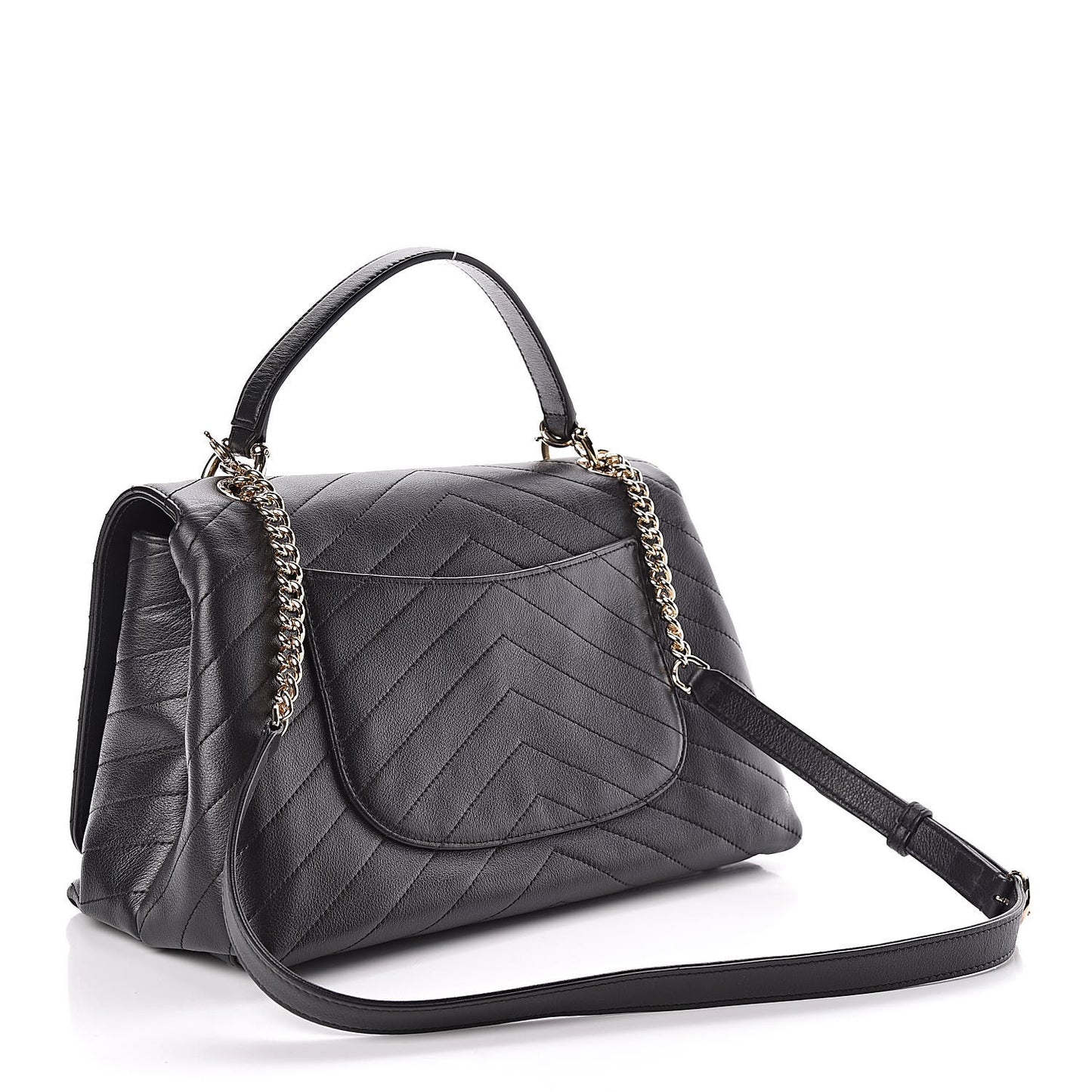 Grained Calfskin Chevron Stitched Medium Chic Top Handle Flap Black