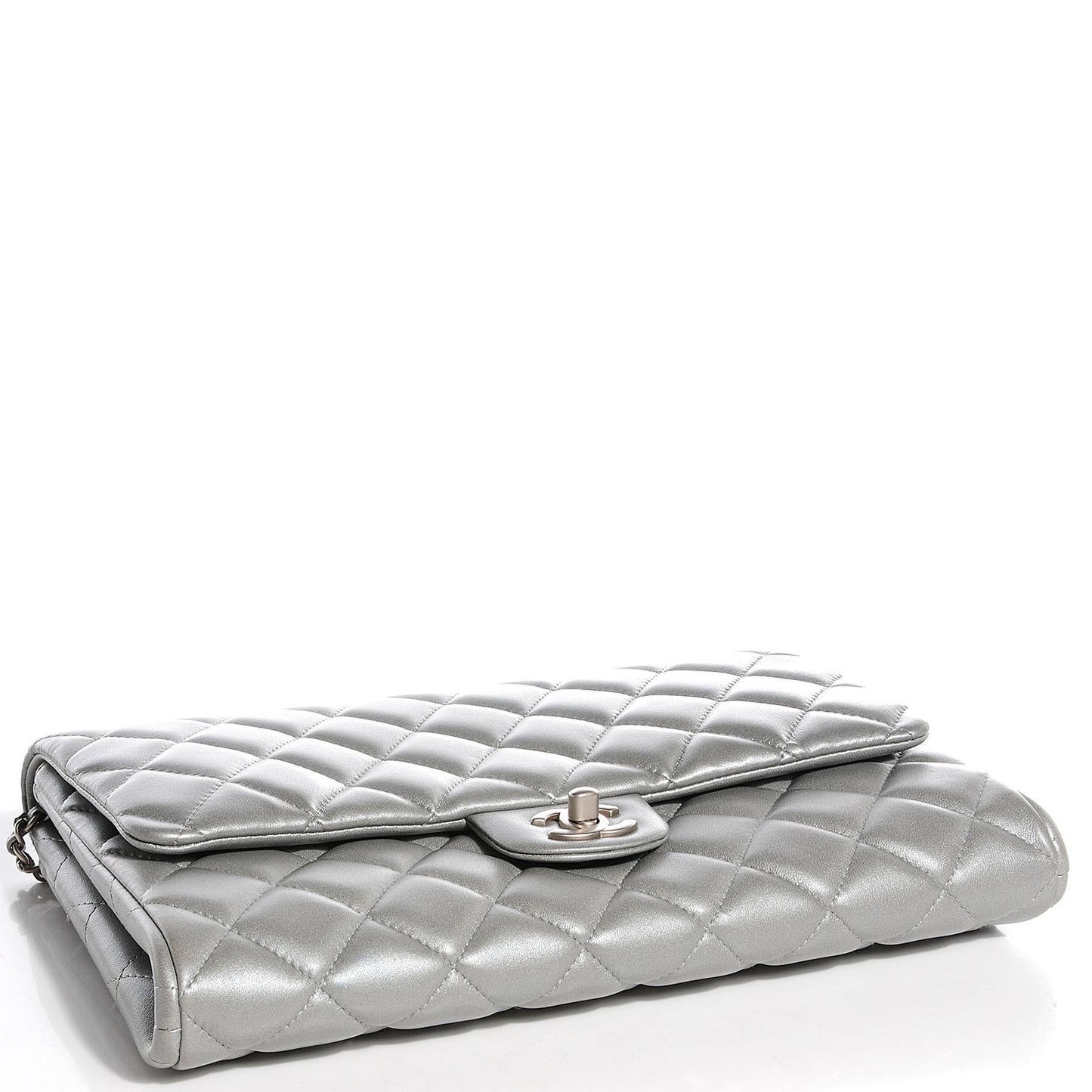 Lambskin Quilted Clutch With Chain Flap Silver