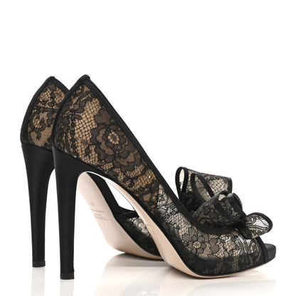 Valentino Garavani Satin Lace Couture Bow Peep Toe High Heel Pumps 38 Black 4 of 7