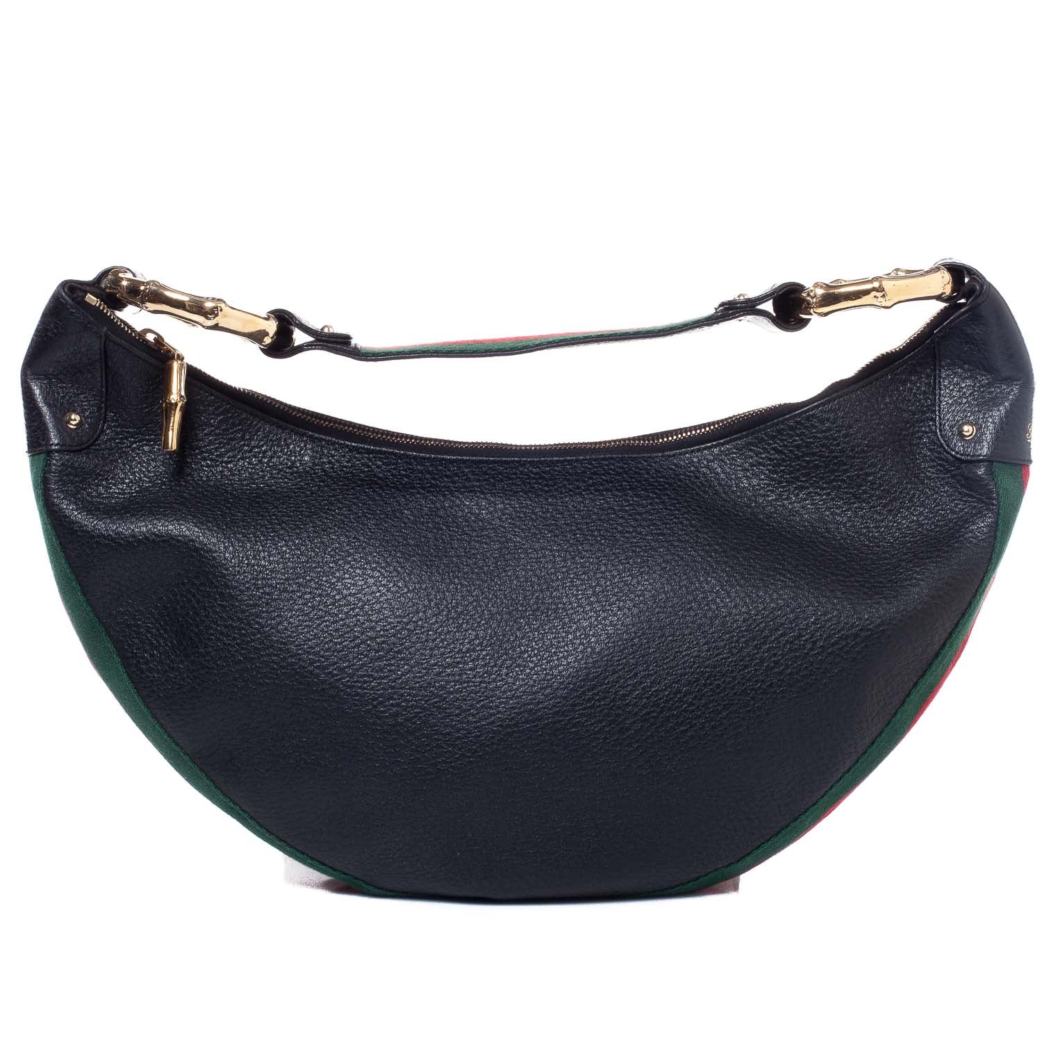 Gucci Pebbled Calfskin Web Bamboo Ring Hobo Black 1 of 9
