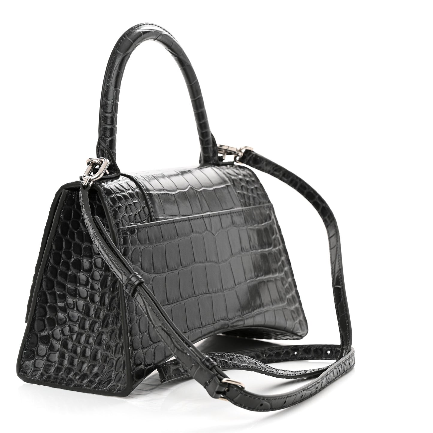 Shiny Calfskin Crocodile Embossed Small Hourglass Top Handle Bag Dark Grey