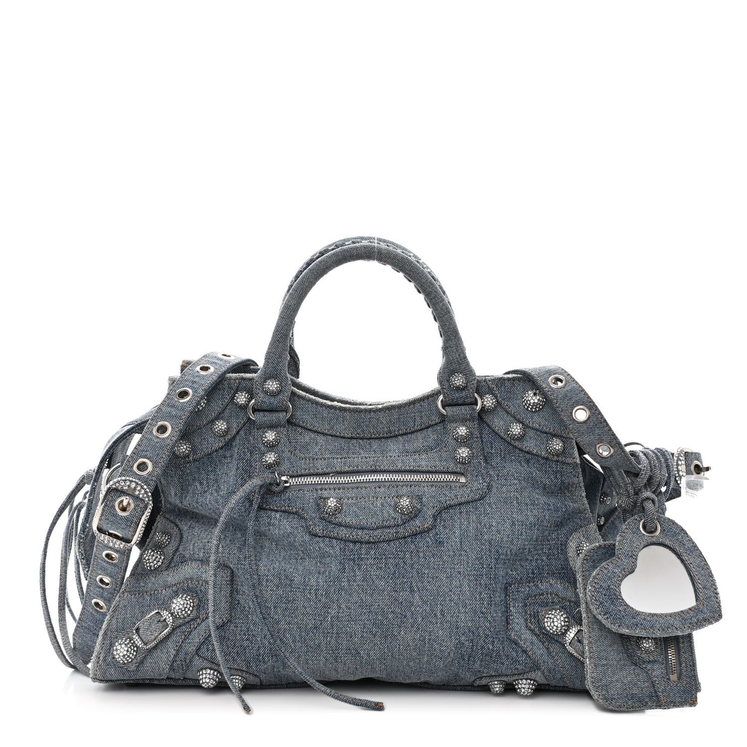 Balenciaga Washed Frayed Denim Crystal Neo Cagole City Handbag Blue 1 of 13
