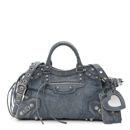 Balenciaga Washed Frayed Denim Crystal Neo Cagole City Handbag Blue 1 of 13