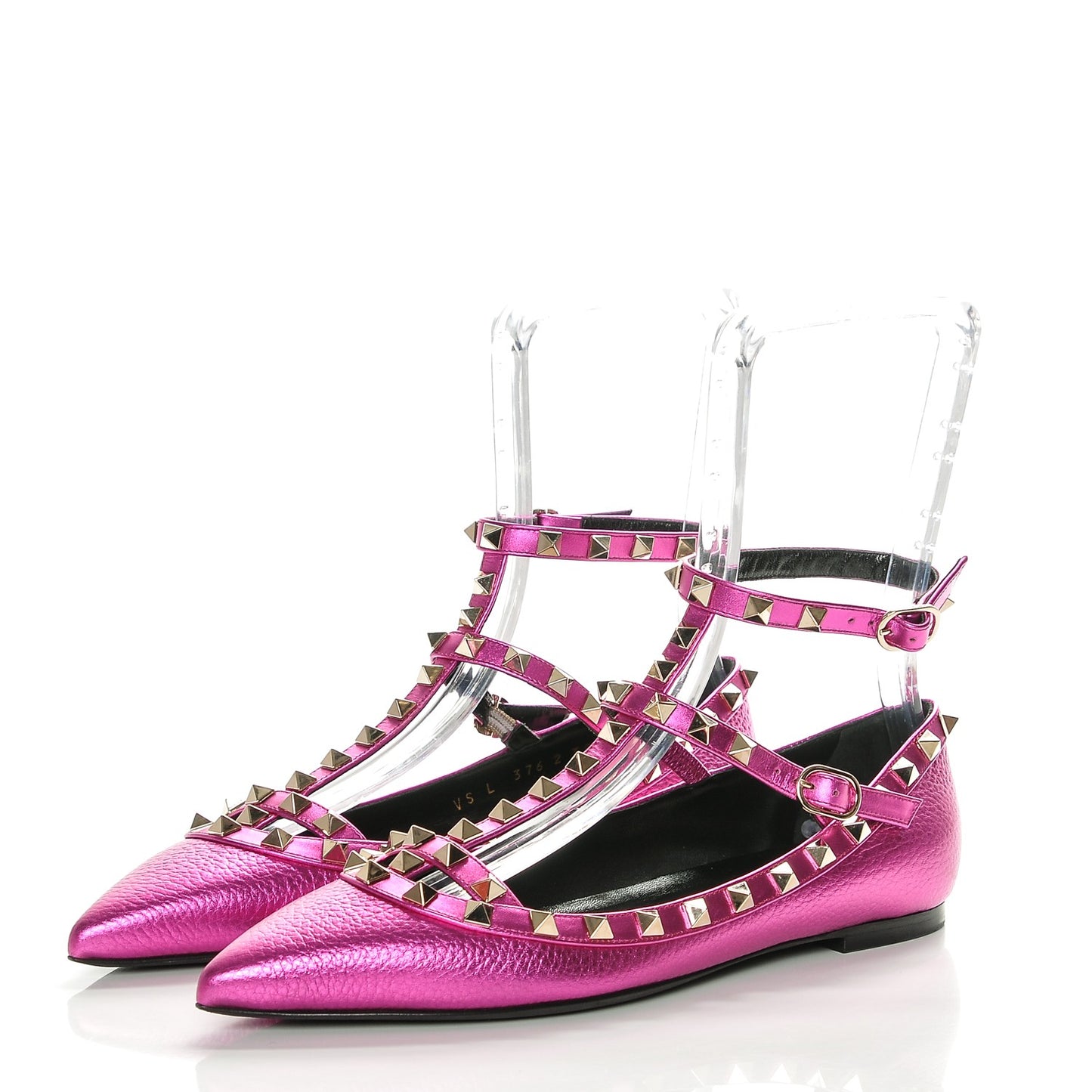 Metallic Pebbled Calfskin Rockstud Cage Ballerina Flats 38 Peony