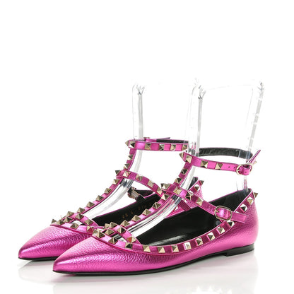 Valentino Garavani Metallic Pebbled Calfskin Rockstud Cage Ballerina Flats 38 Peony 3 of 8