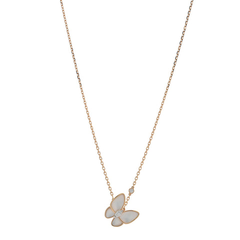 18K Rose Gold Diamond Mother of Pearl Two Butterfly Pendant Necklace